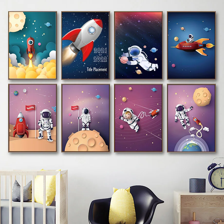 

Space Cartoon Cute Astronaut Rocket Earth Mars Planet Wall Art Canvas Painting Nordic Posters And Prints Wall Pictures Kids Room