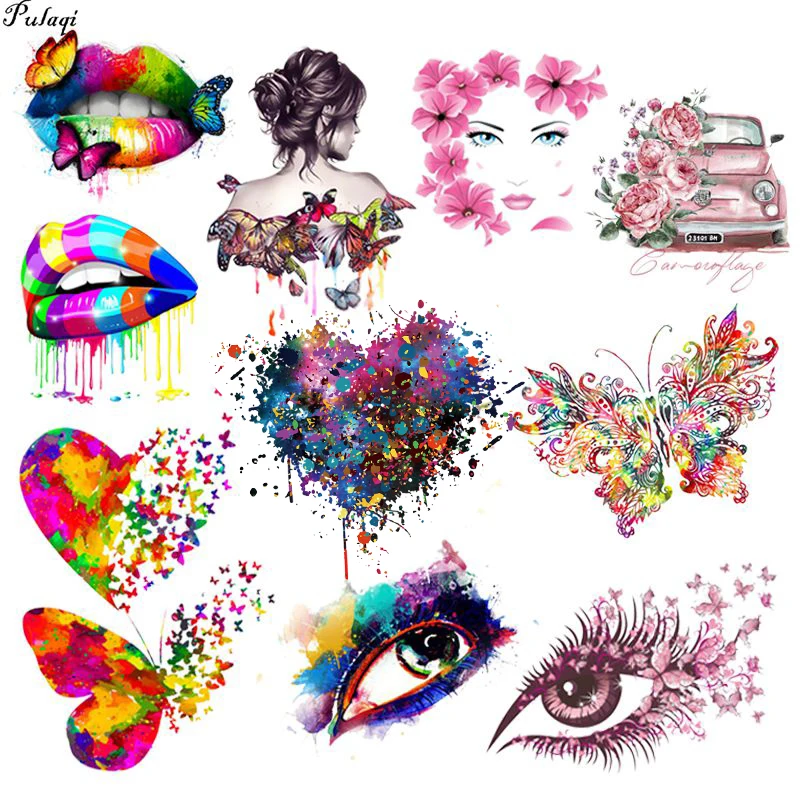 

Pulaqi Thermal Iron On Patches Butterfly Lips Stripe Transfer Fusible Clothing Sticker On Clothes Application Of Women's T-shirt