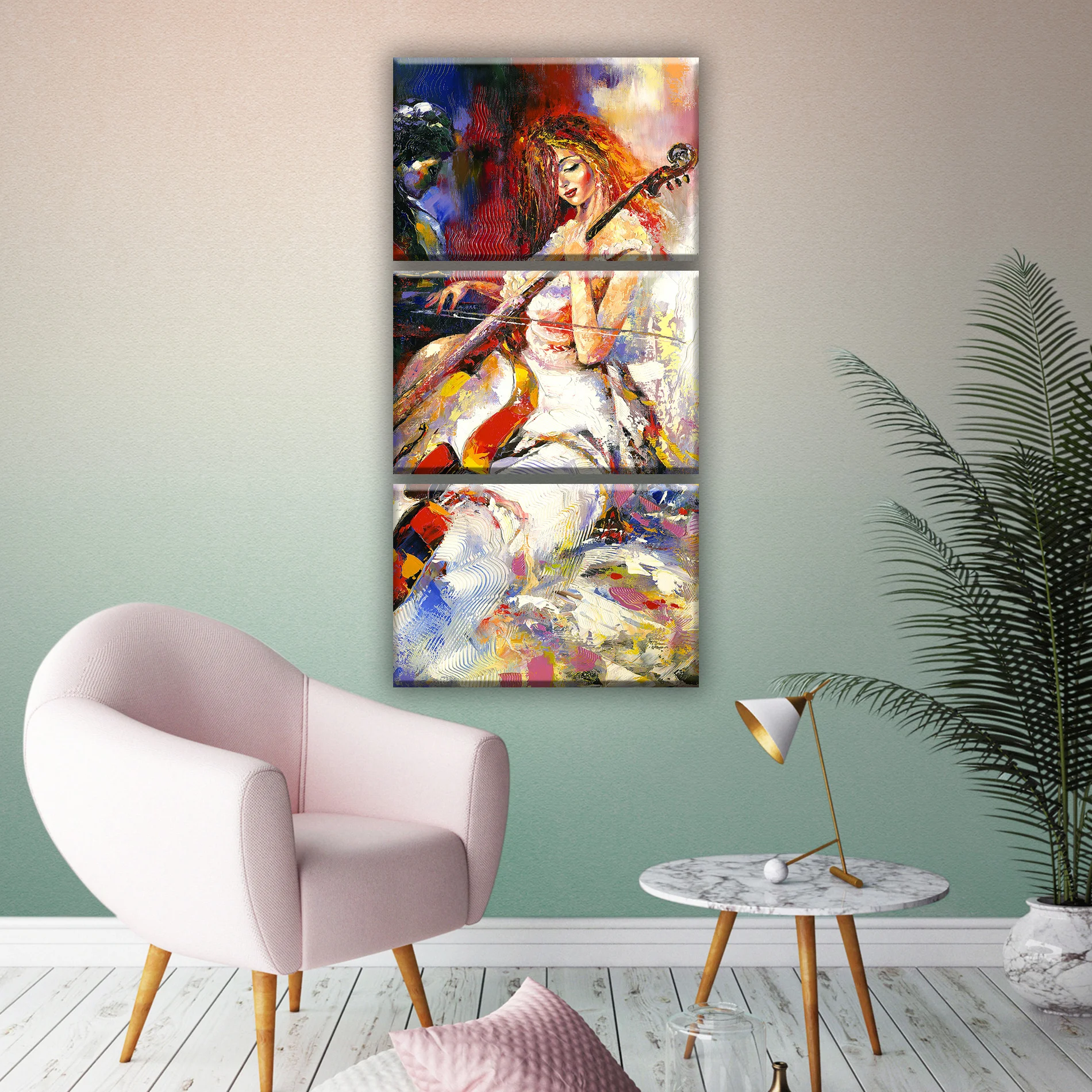 Трехмодульная вертикальная картина на холсте. Рыжая девушка играет скрипке. -