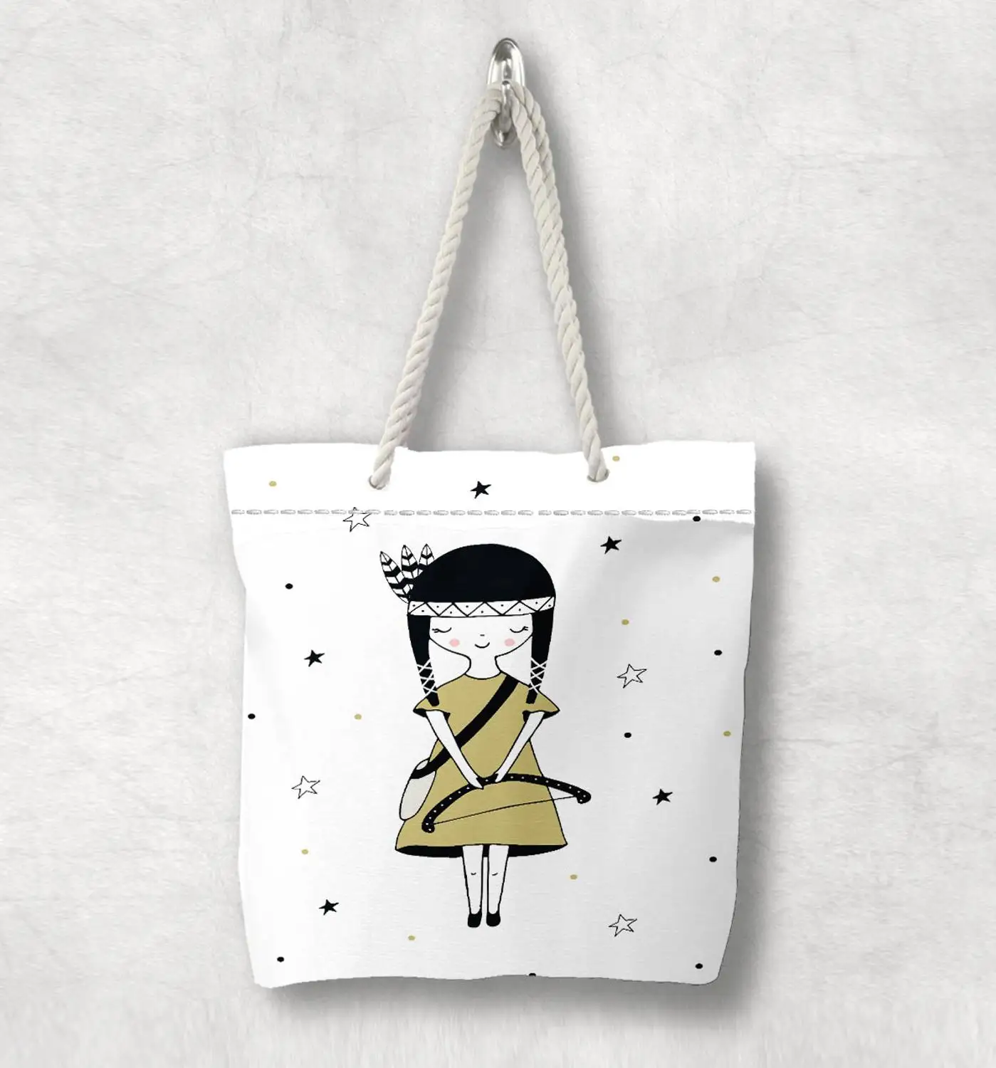 

Else Kızılderili Oklu Prenses Kız Nordic Scandinavian White Rope Handle Canvas Bag Cartoon Print Zippered Tote Bag Shoulder Bag