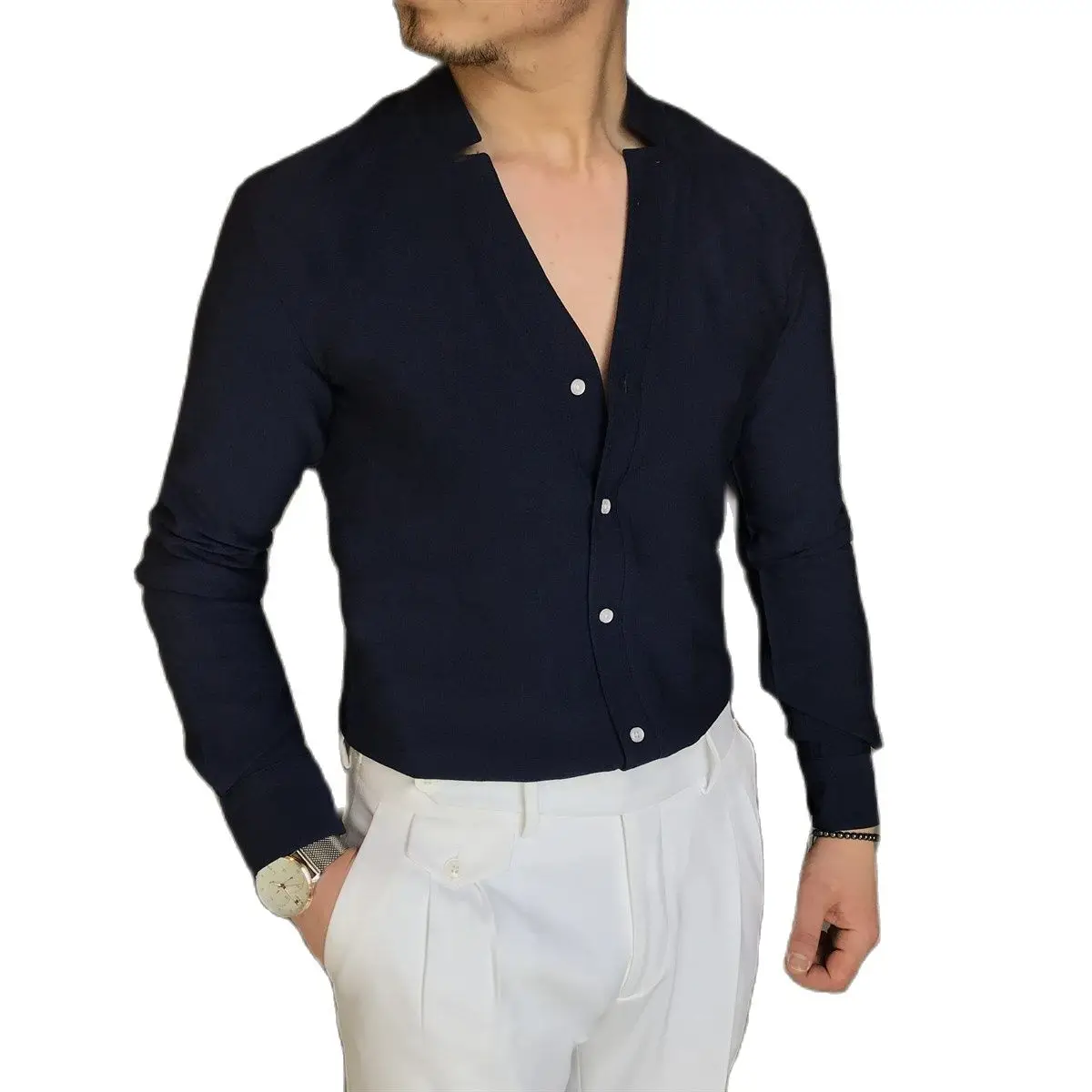 

Italian Style Slim Fit Men's Lycra Collar Men's Long Sleeve Casual Shirt Regular-fit Button-down Collar Thick Work Shirts