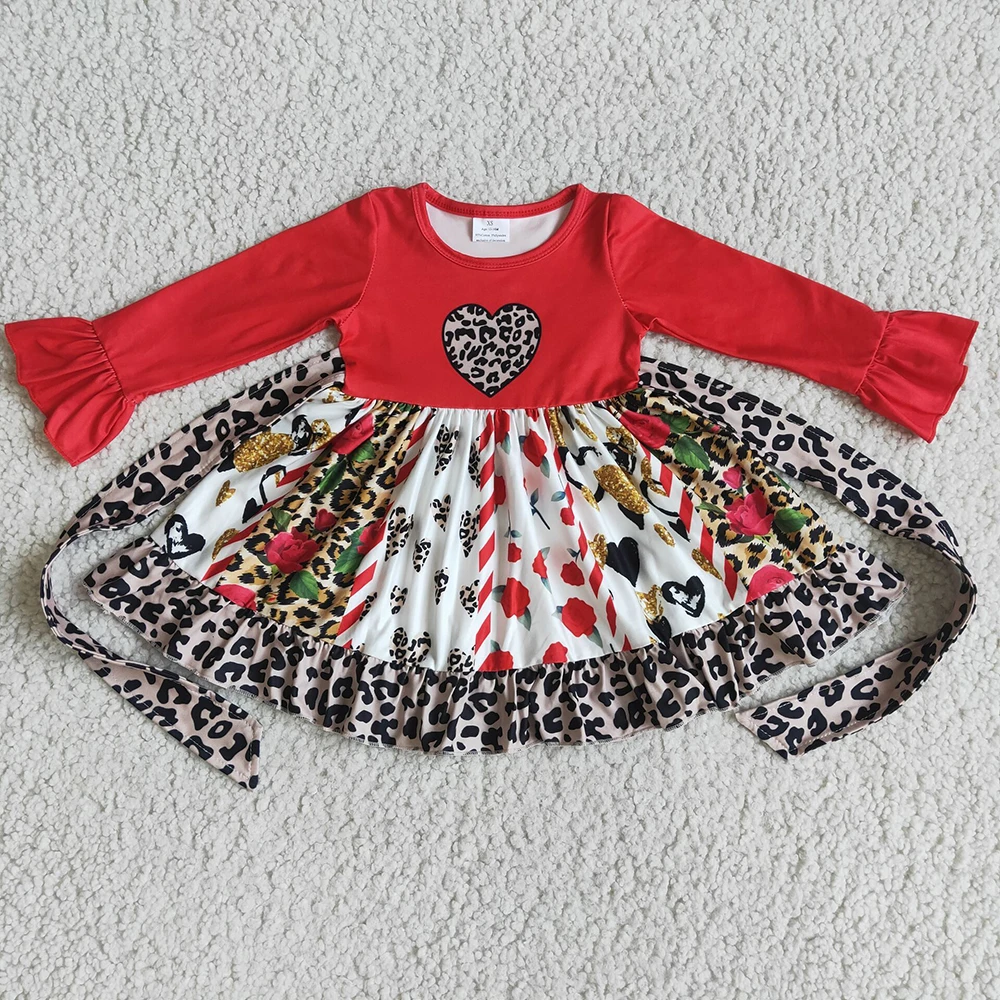 

Ready To Ship Children Fashion Twirl Frock Baby Girls Long Sleeve Stitching Valentine's Day Dress Kids Heart And Leopard Clothes