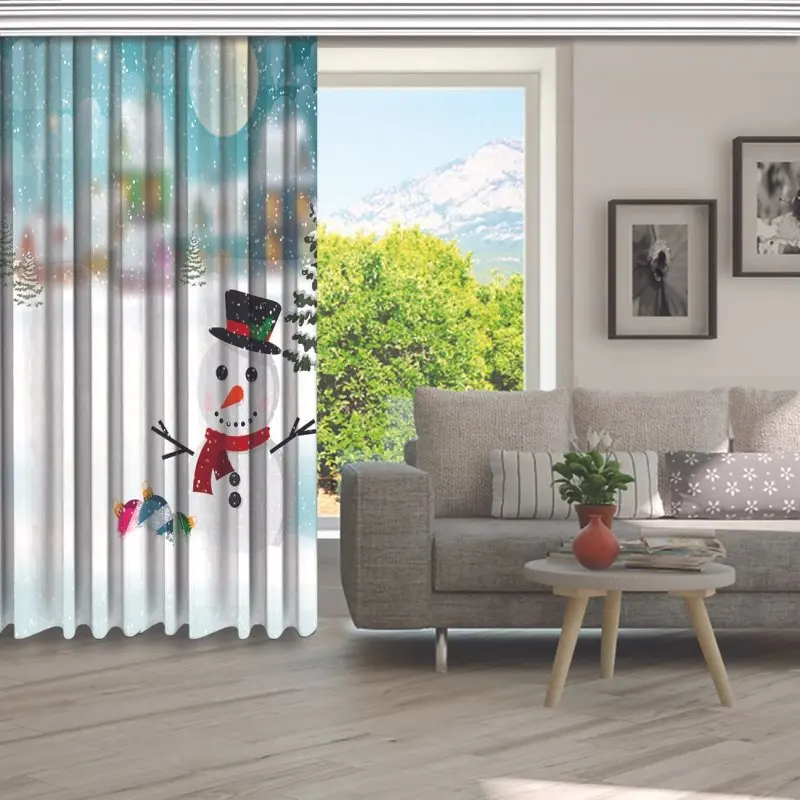Занавеска зимняя деревня снежные домики пихта Снеговик полная луна звезды