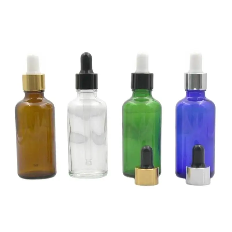 

100ml green/blue/brown/clear glass bottle aluminum collar white black bulb for essential oil serum liquid skin packing