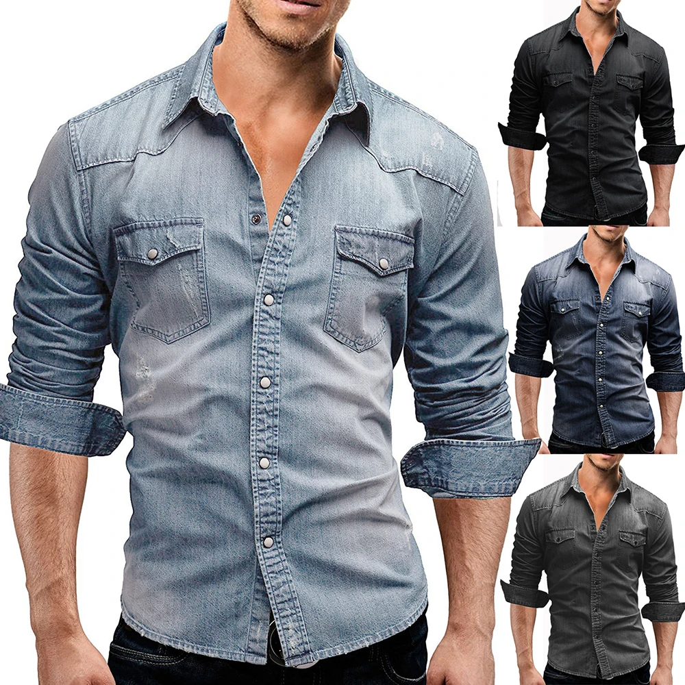 Men's Shirts Long Sleeve Hawaiian Social Button Denim Popular Shirts Wholesale 2022 Single Breasted Lapel Wide