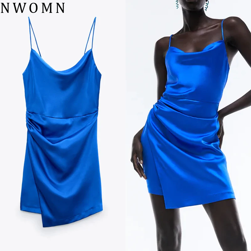 

Женское атласное платье-комбинация Za, голубое мини-платье с рюшами, открытой спиной, летний сарафан, короткие сексуальные вечерние платья н...
