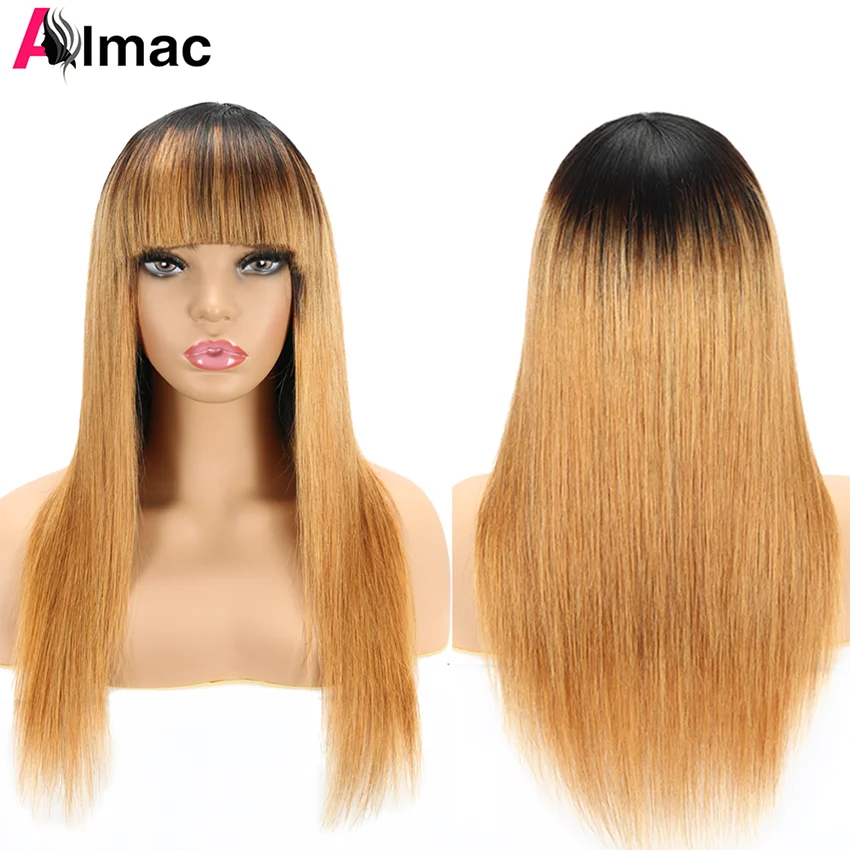 

Brazilian Straight Ombre Human Hair Wig With Bangs Ombre Blonde Wig Human Hair Glueless Full Machine Wigs 10-28 Inch Fringe Wig