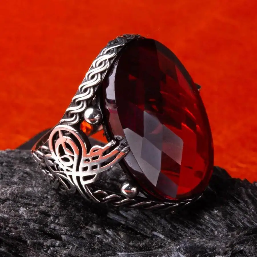 

Османское кольцо Tugra из стерлингового серебра 925 пробы с граненым красным овальным Цирконом мужское модное турецкое высококачественное руч...