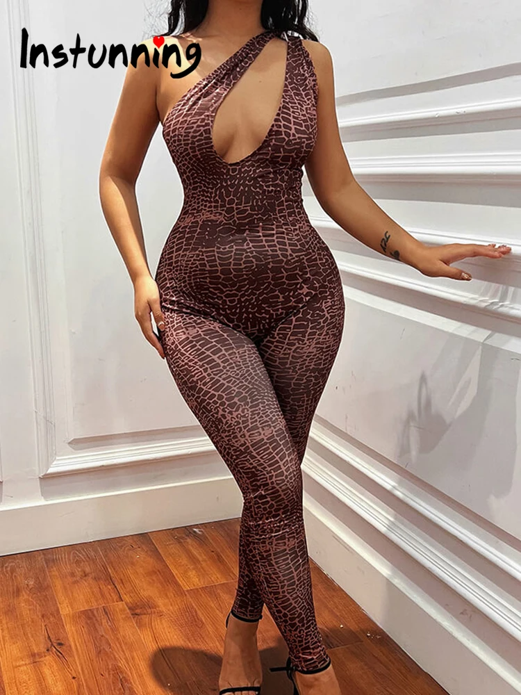 

Instunning Sexy Hollow Out One Shouler Jumpsuit Women Serpentine Print Bodycon Sleeveless 2022 Summer Streetwear Female Clothes