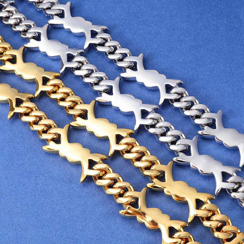 

US7 19MM Iced Out Bling Heavy Thorns Box Buckle Cuban Link Cubic Choker Necklaces With Solid Back For Men Hip Hop Rock Jewelry
