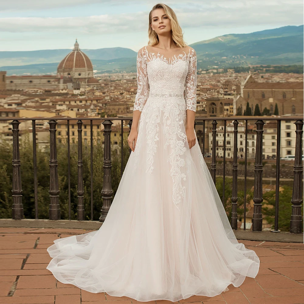 

Elegant Embroidery Tulle Sweep Train Wedding Dress 2021 Scoop Three Quarter Lace Beading Bridal Gowns Vestido de Novia