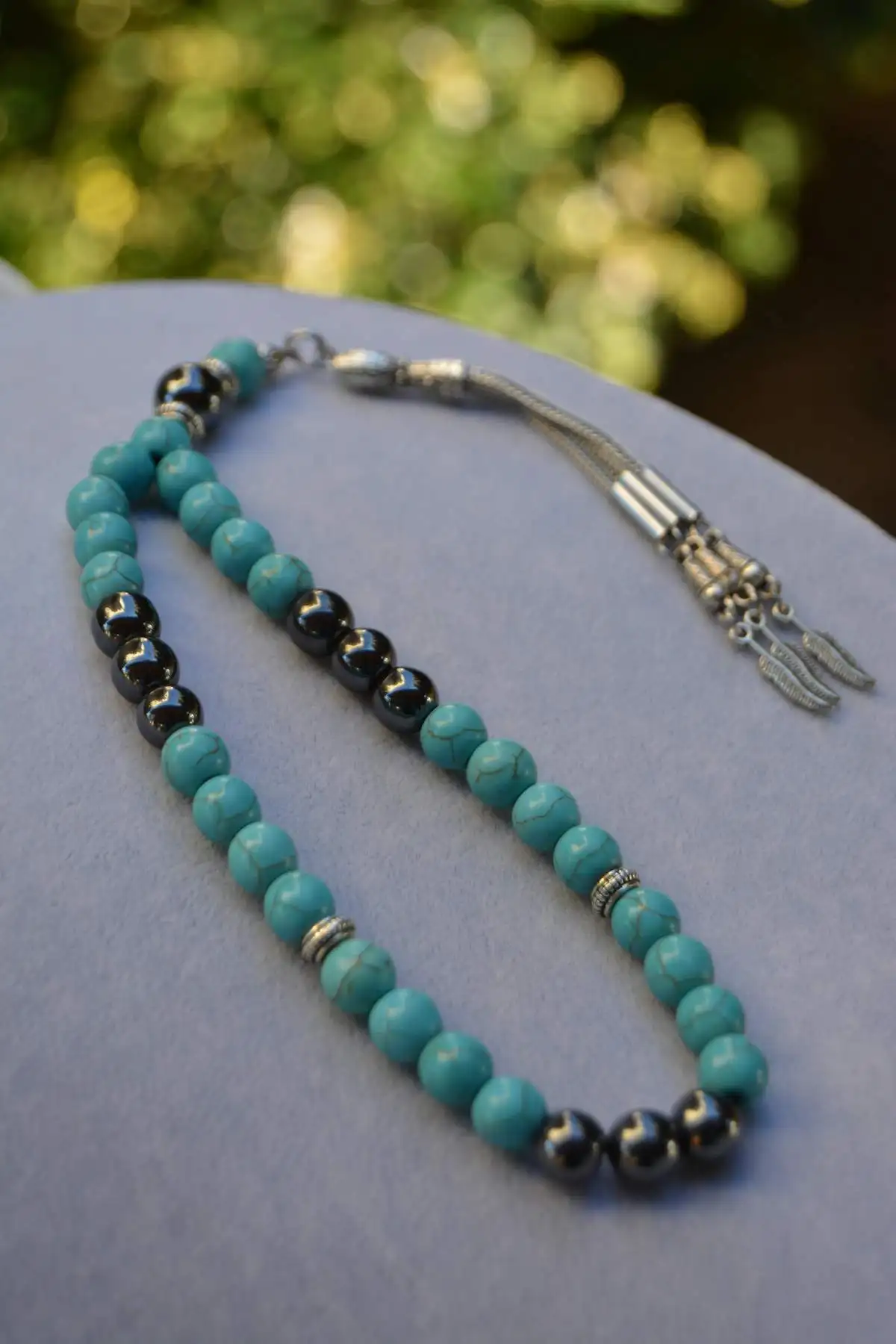 Исламская 33-х зерен Мусульманская молитва Розарий для мужчин Браслет Аксессуары, Бирюзовый и Гематит Натуральный Камень, Ручная работа.