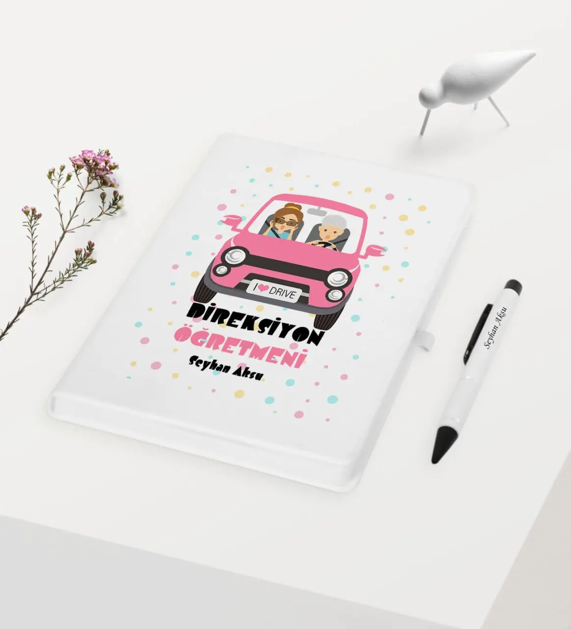 

Personalized Special Steering Wheel Öğretmeni Themed White Notebook Pen Gift Set-1