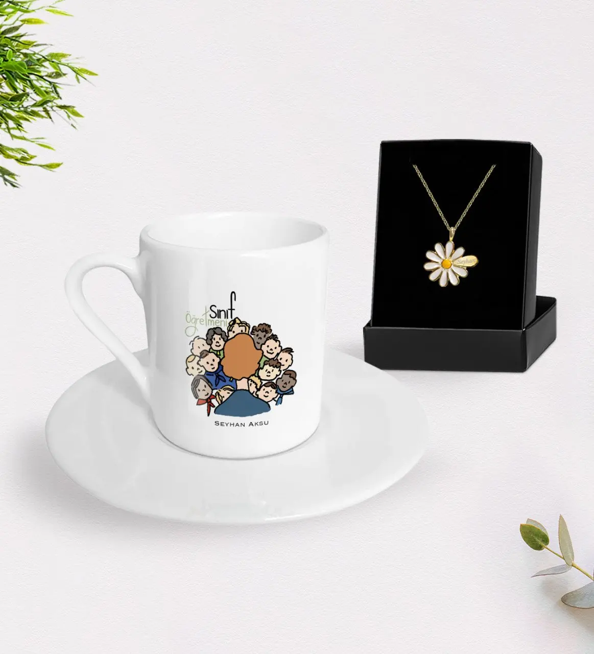 

Персонализированный класс учеников чашка для кофе по-турецки and Is ожерелье Маргаритка подарок Seti-3