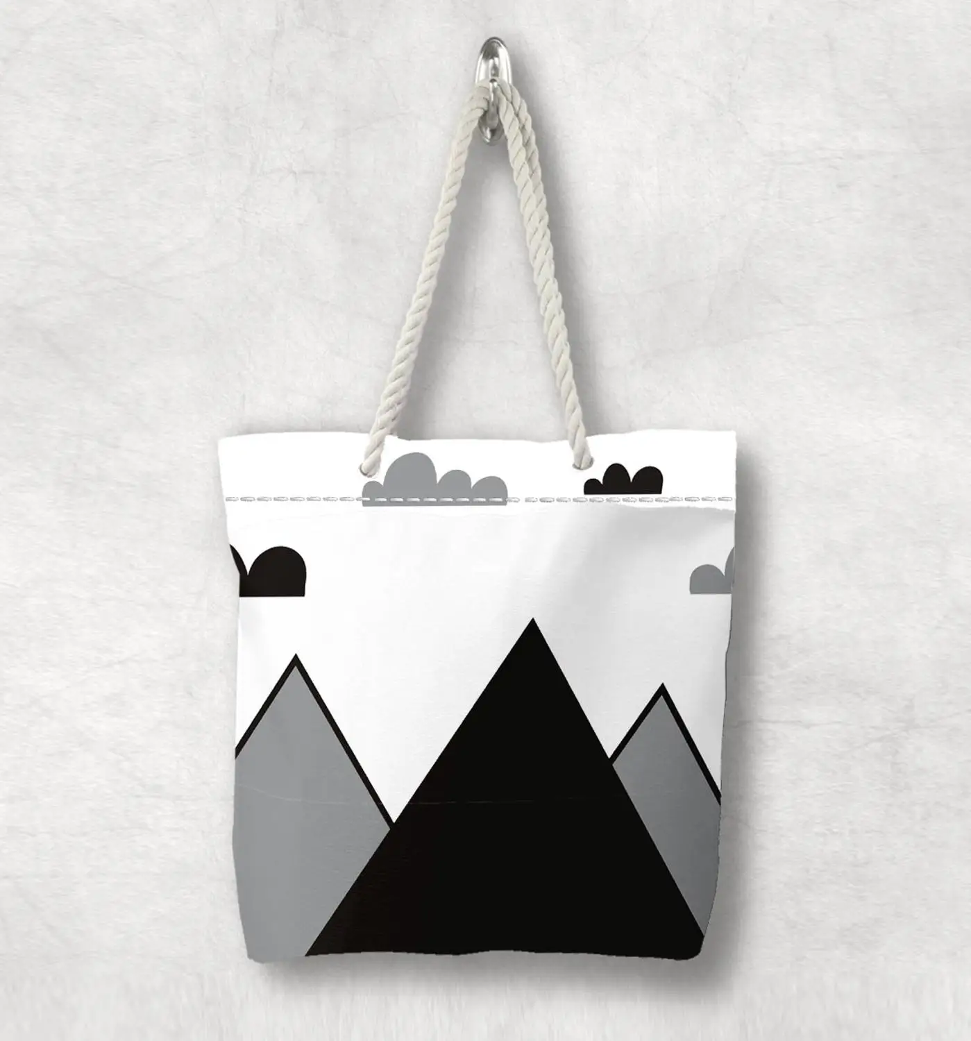 

Else Gray Black Mountain Clouds Nordic Scandinavian White Rope Handle Canvas Bag Cartoon Print Zippered Tote Bag Shoulder Bag