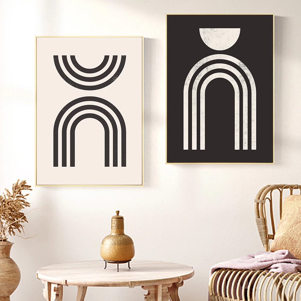 

Boho Geometric Wall Art Print Abstract Arched Lines Poster Black Beige Canvas Painting Scandinavian Picture Living Bedroom Decor
