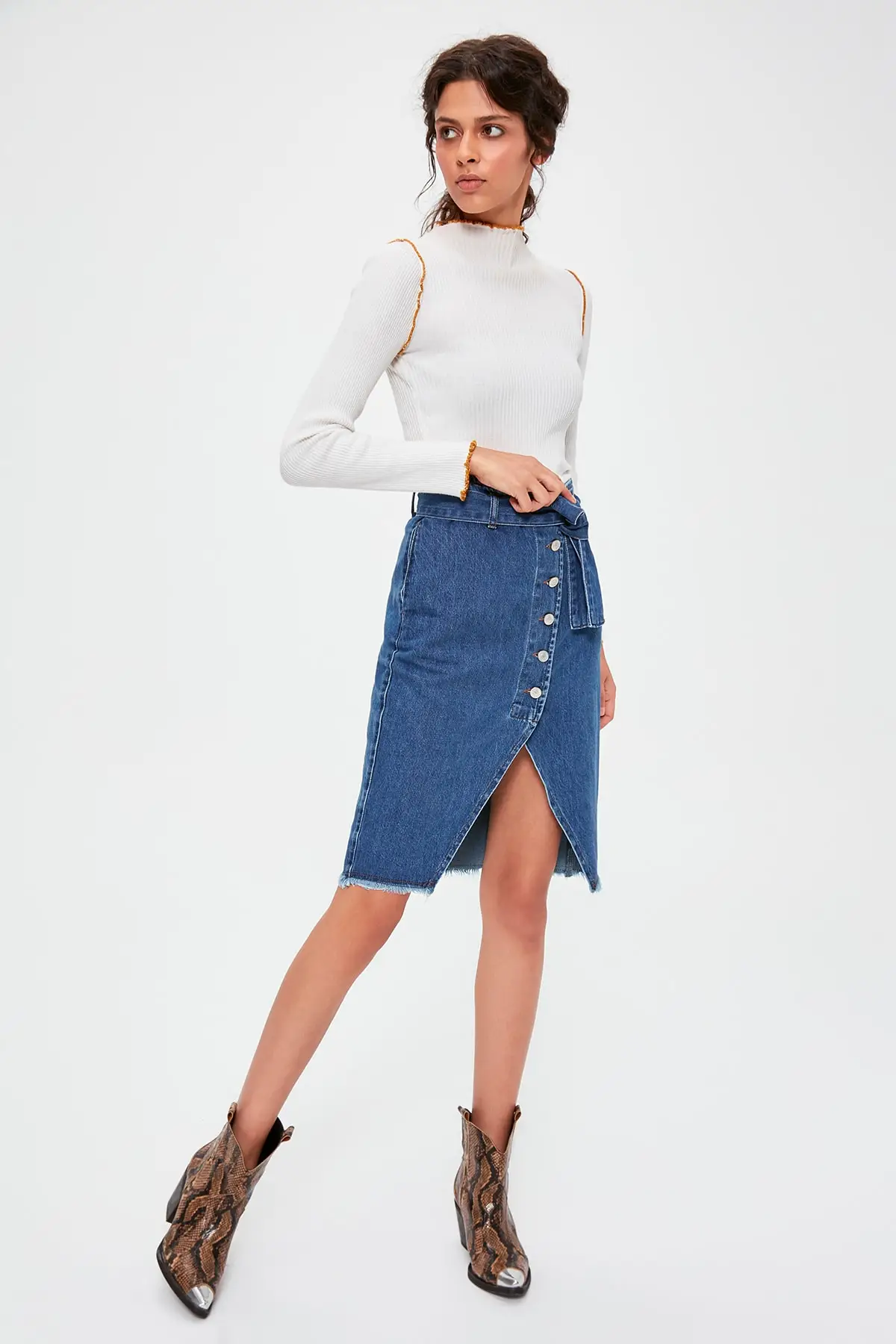 Модная синяя джинсовая юбка со шнуровкой TWOAW20ET0146 | Женская одежда