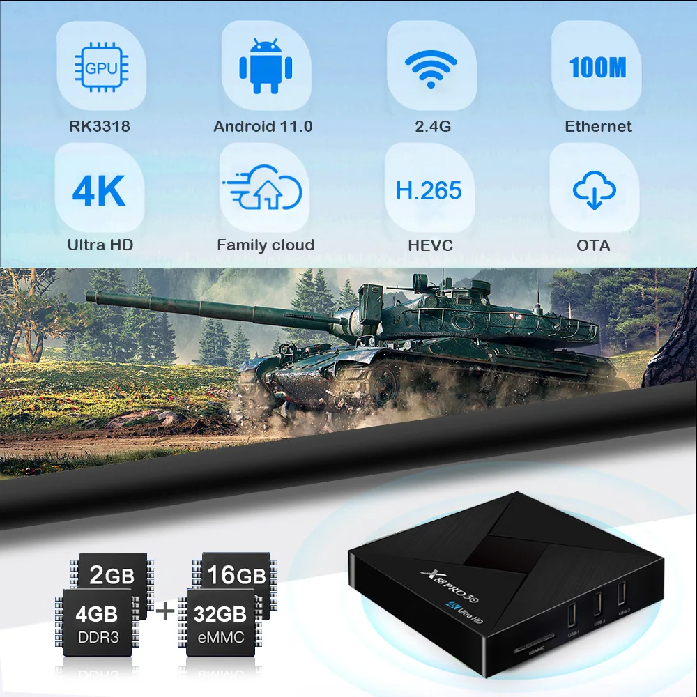 

X88 PRO 30 Rockchip RK3318 Quad-Core Android 11.0 4GB RAM 32GB ROM Smart TV BOX 100M Ethernet WiFi HD 4K@60Hz