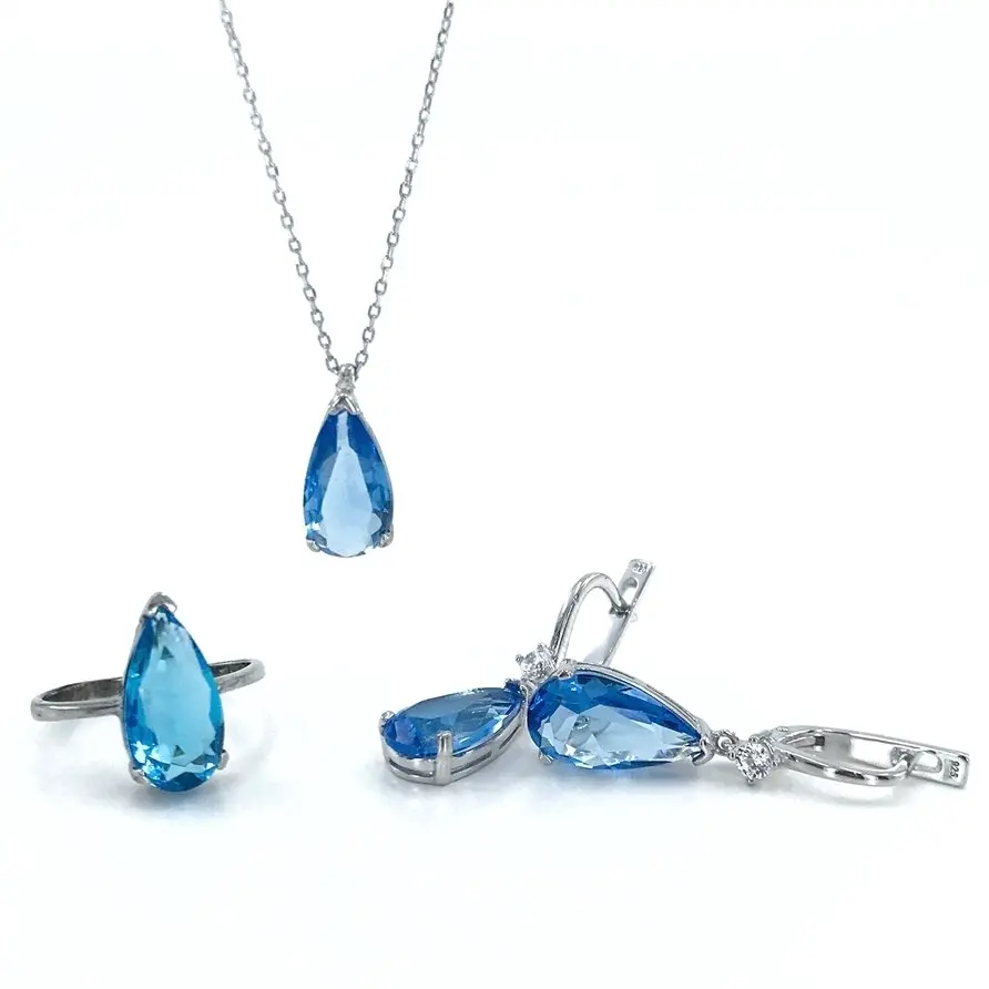 

Blue Topaz Drop Cut Simple Diamond Montür Silver Set Suit