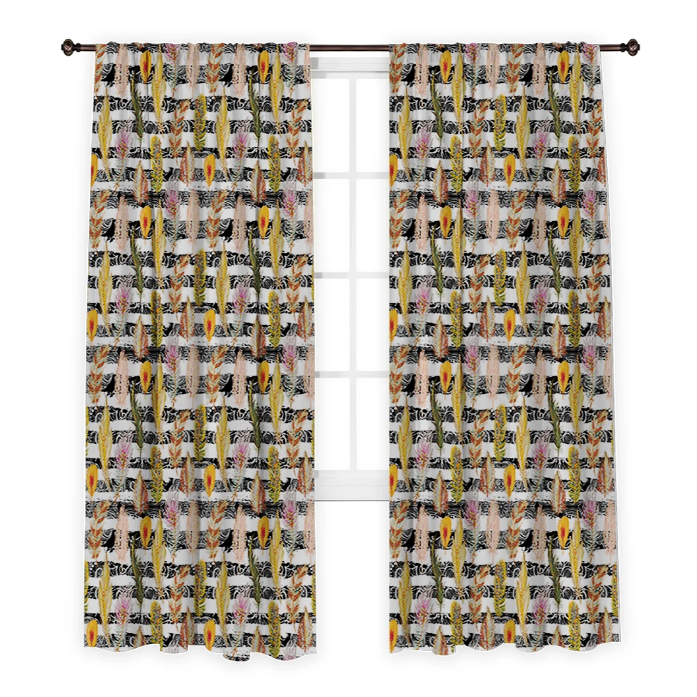 

Занавеска с рисунком перьев/занавеска для окна гостиной и столовой, занавески для 2 панелей-узор в виде птичьих перьев на полосках, Декор