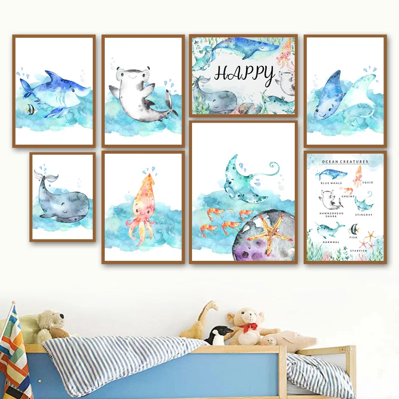 

Marine Cute Cartoon Animal Shark Squid Stingray Whale Wall Art Canvas Painting Nordic Posters And Prints Wall Pictures Kids Room