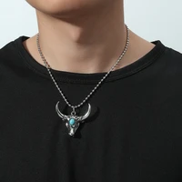 bohemian turquoise inlaid bull head pendant necklace for men women vintage silver color domineering personality mens necklace
