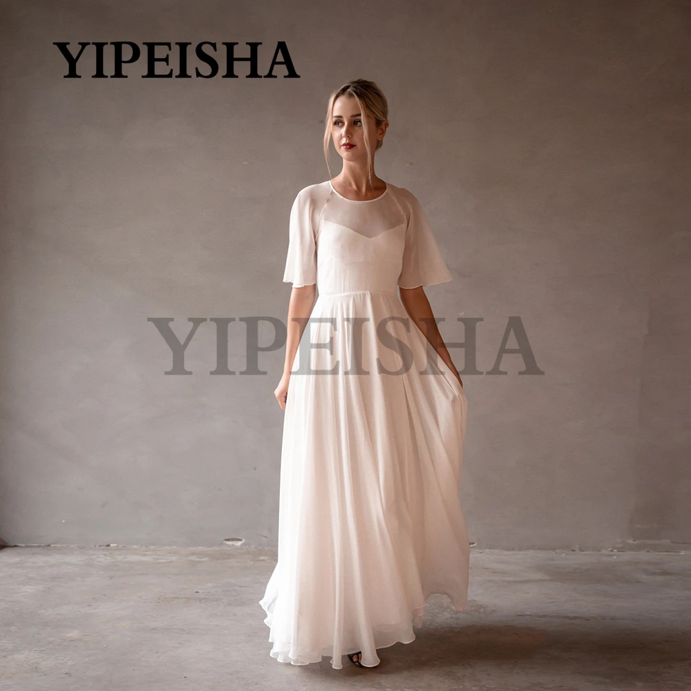 

O-Neck A-Line Simple Chiffon Evening Dresses Backless Half Sleeve See-Through Prom Party Gown robes de soirée vestidos de noche