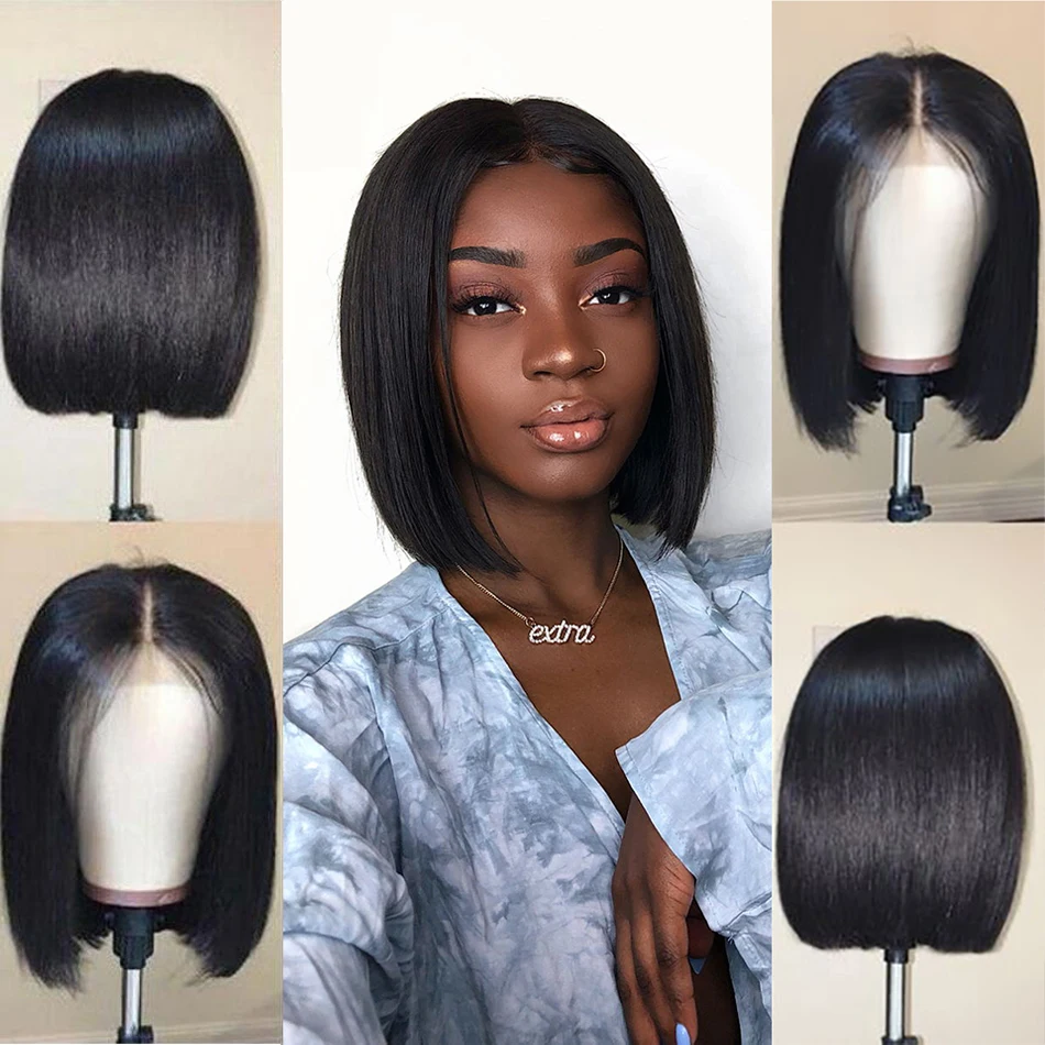 

Short Bob Lace Closure Human Hair Wigs Brazilian Straight Remy T Part Lace Closure Bob Wig 180% Pre Plucked for Black Women Wig