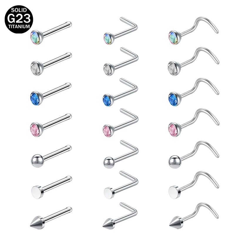 

AOEDEJ 20G G23 Titanium Nose Studs Round Cubic Zirconia Indian Nose Piercings Stud 2MM/3MM L Shape Nostril Piercing Body Jewelry