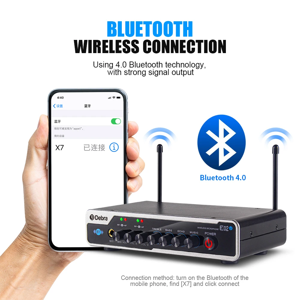 Беспроводная микрофонная система Debar E02U 2 портативных с Bluetooth и реверберацией для