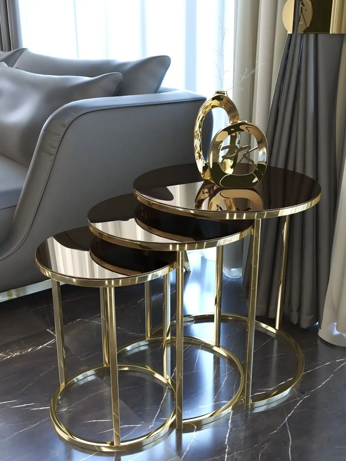 Gold Zigon Coffee Table, Bronze Mirror. Decorative, 3 Piece. Special Design. Stylish Modern. Tarnish Metal Foot. Strongpoints, Safe. Balanced.