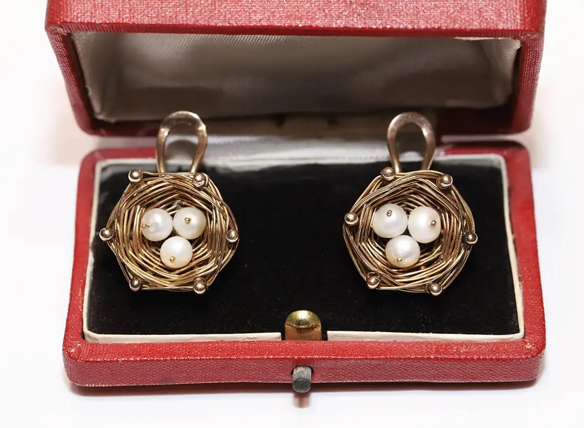 

Антикварные оригинальные серьги-гнезда викторианской эпохи с натуральным жемчугом 14 К золото
