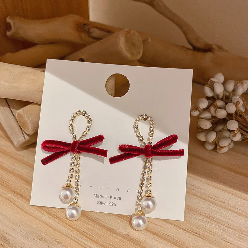 

New Elegant Crystal Bow Knot Dangle Earrings For Women Pearl Zircon Water Drop Earring Wedding Jewelry Christmas New Year Gifts