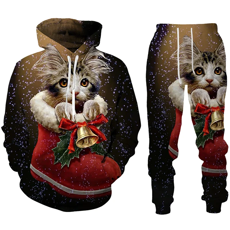 New Fashion Men Women Christmas Print Hoodie Suits Men Long Sleeve Pullover + Pants Loose Hooded Sweatshirt Set