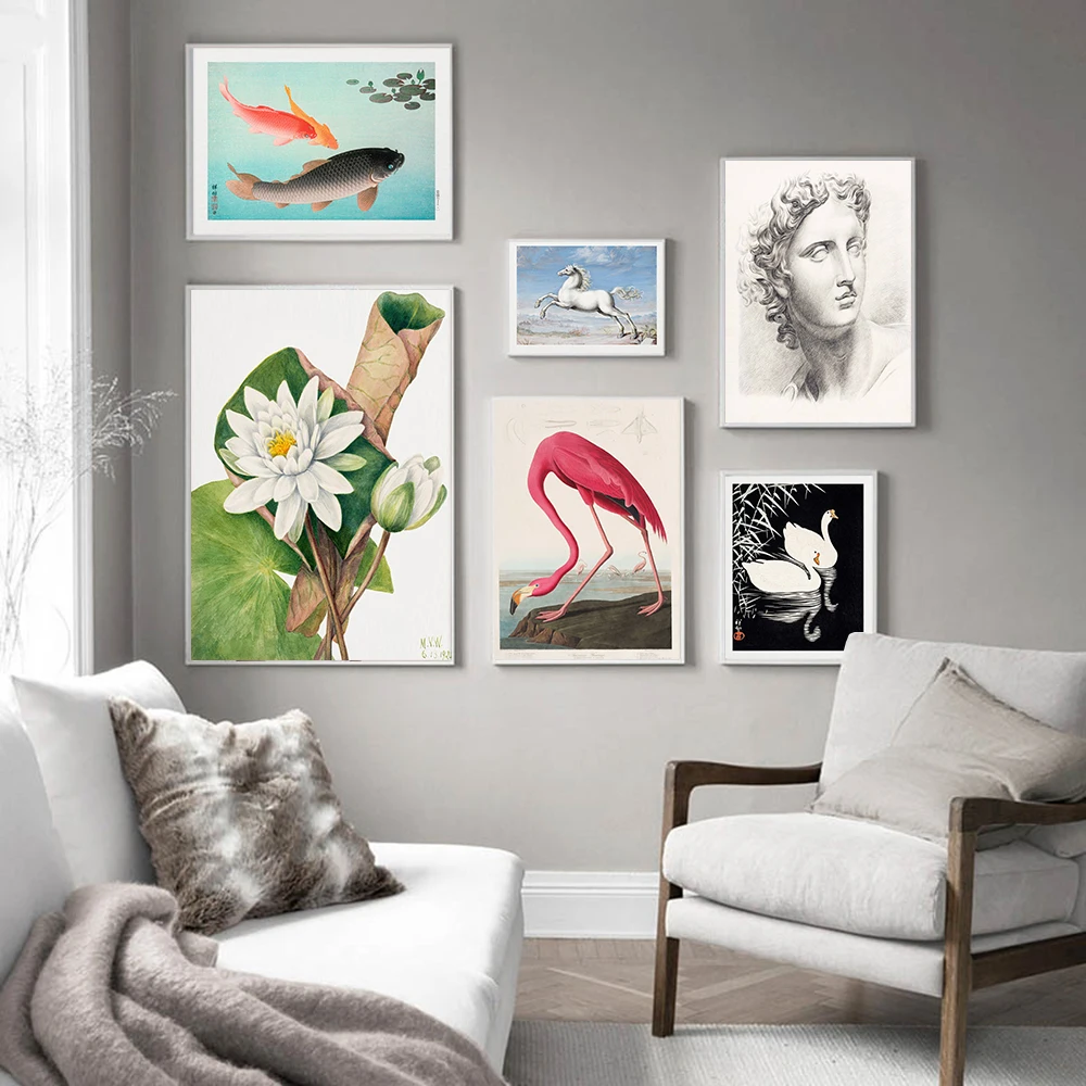 

Vintage Gallery Poster Flamingo Canvas Painting Japan Animals Art Print Botanical Horse Wall Picture For Living Room Home Decor