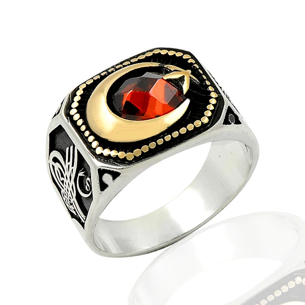 925 Silver Moon and Star Printed Tribal Turkish Rings for Men
