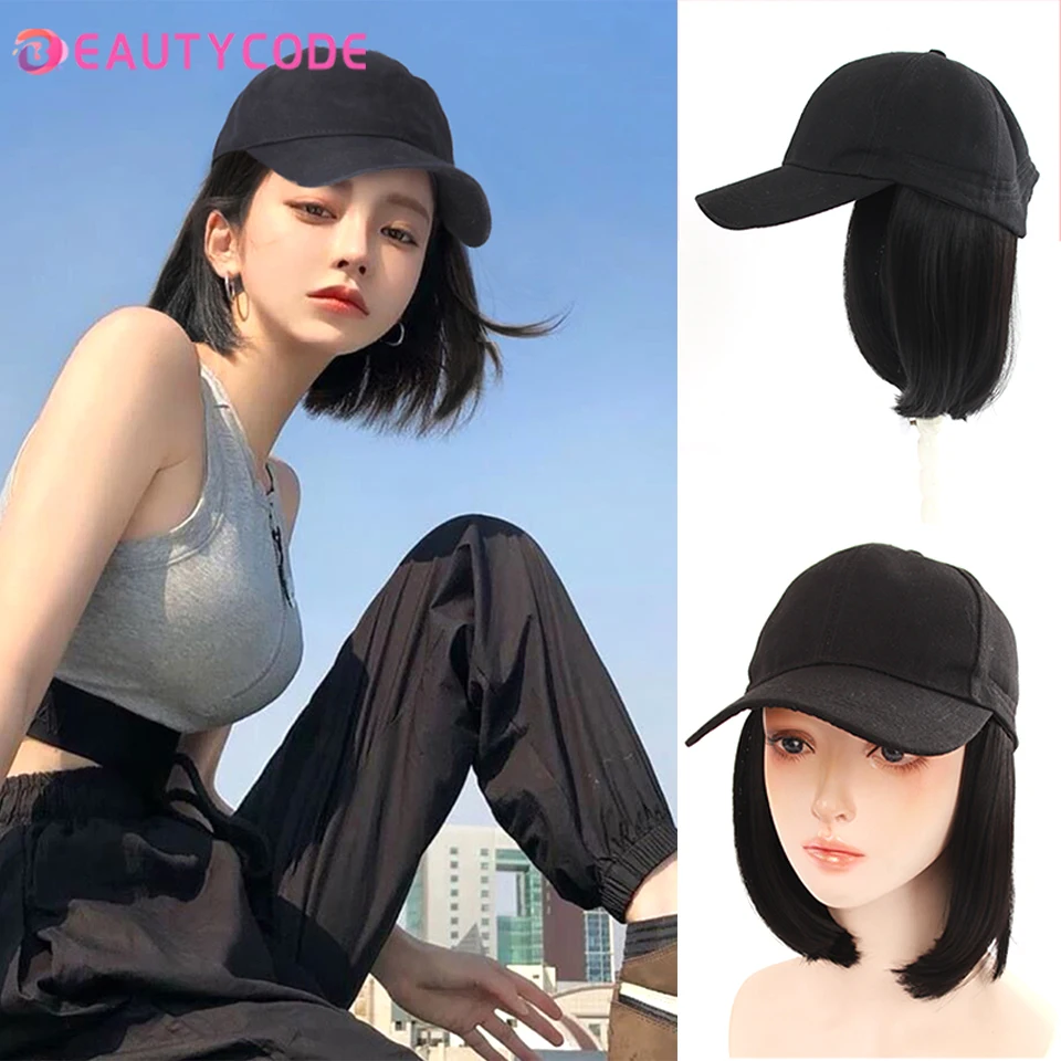 

BEAUTYCODE Short Wavy baseball wig Synthetic bob Wig White/Black hat wigs cap with Hair Natural Connect Baseball Cap Adjustable