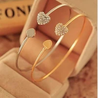 hot new fashion adjustable crystal double heart bow bilezik cuff opening bracelet for women jewelry gift mujer pulseras 7g