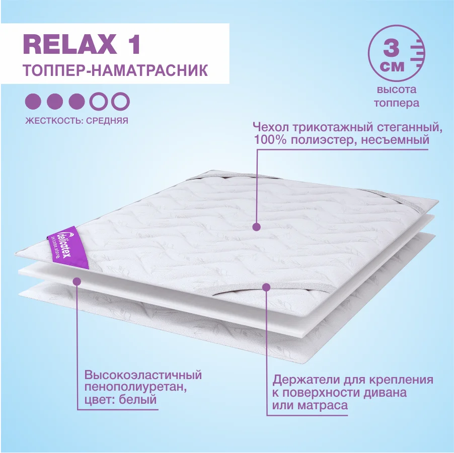 Матрас топпер Relax 1 жесткость средняя высота 3 см. мебель для спальной наматрасник