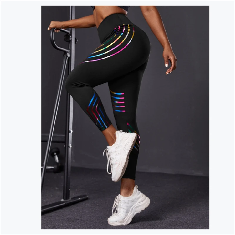 

Shiny Striped Yoga Pants High Waist Elastic Leggings Fitness Jogging Sweatpants Slim Fit Cropped Trousers Summer Sportswear