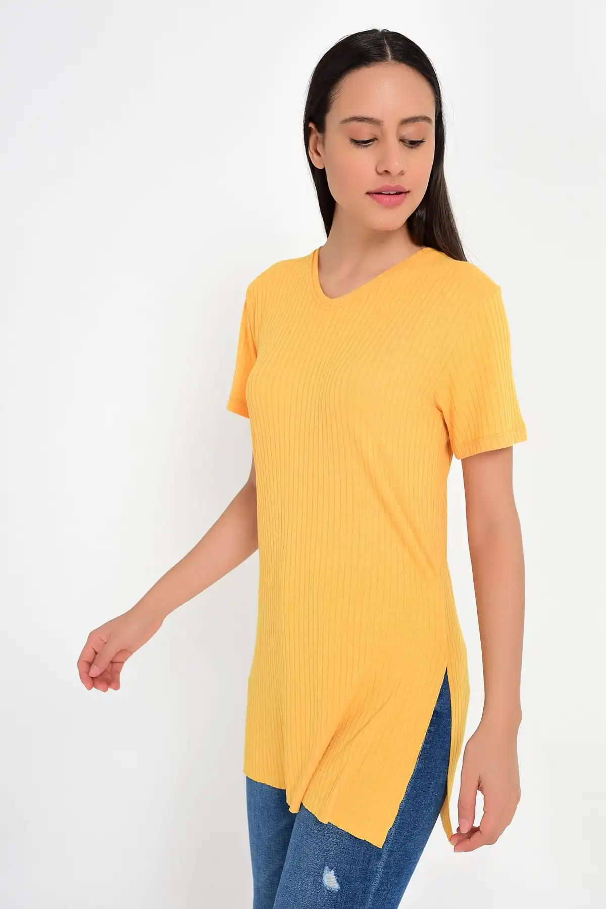 Хлопковый женский горчичный Топ из лайкры юбка с v образным вырезом туника