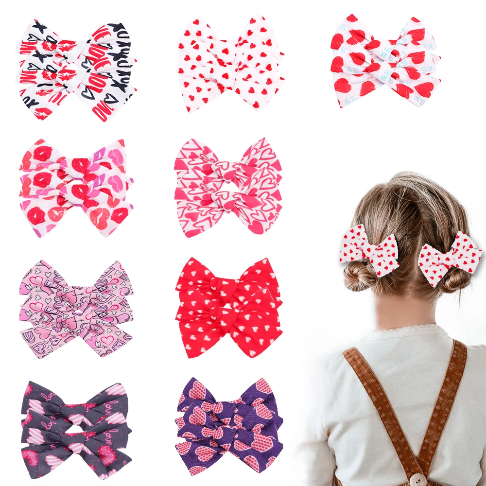 

2PCS/Set Printed Hairbows Love-shape HairClips Classic Bow Hairpin Boutique Barrettes Cute Baby Girls Party Hair Accessories