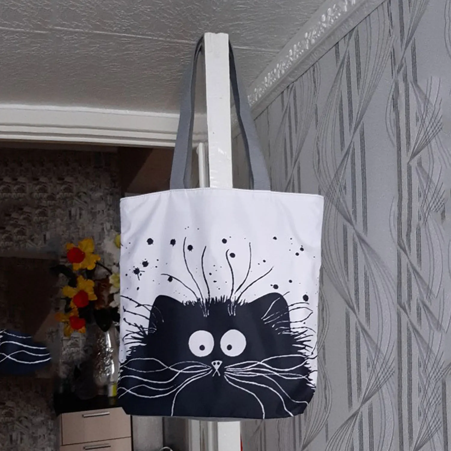Black Cute Cat Printed Fabric Eco Handbags Cartoon High Capacity Shopping Office Reusable Casual Shoulder Bag Lady Tote Bags wristlet bag