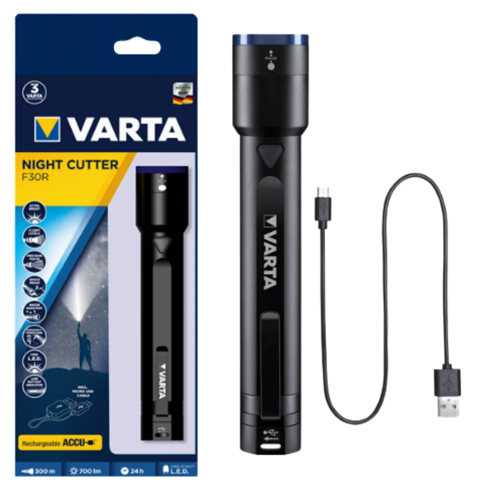 Varta F30R Night Cutter Flashlight Extra Bright 4 Light Levels Sharp Focus Shockproof Cree Led Camping Caravan Workshop Garage