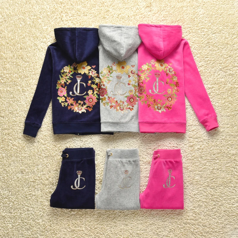 2022 Spring And Autumn Children's Sportswear Suit Girls Casual Hooded Sweater Flower Embroidery Two-piece Children's Clothing