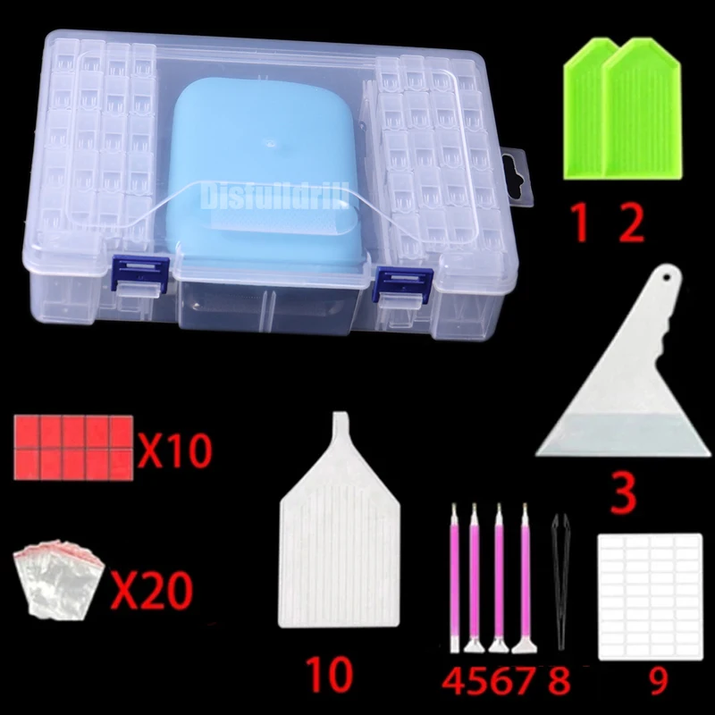 

Diamond Painting Tools Sets with 42 Grids Plastic Box with Funnel Stickers etc 40-in-one Kits for Diamond Painting Embroidery