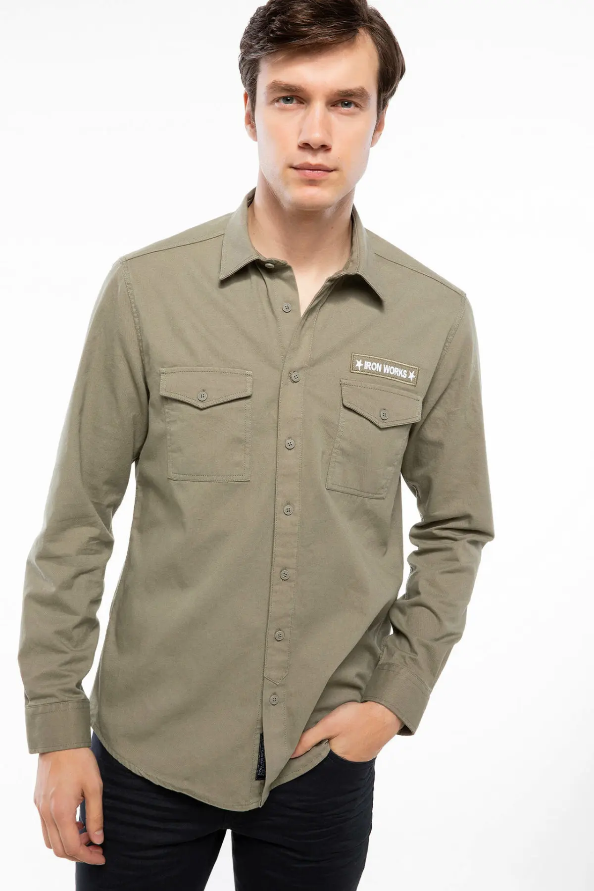 DeFacto Man Cool Army Green Tops Shirts Men Pockets Decors Casual Long Sleeve Shirt Male Autumn Shirts-J1538AZ18AU | Мужская одежда