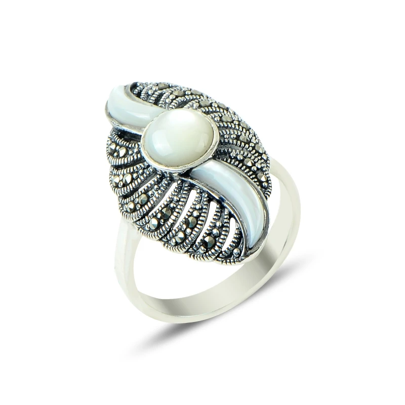 

Silver 925 Sterling Marcasite & Pearl Cubic Zirconia Ring