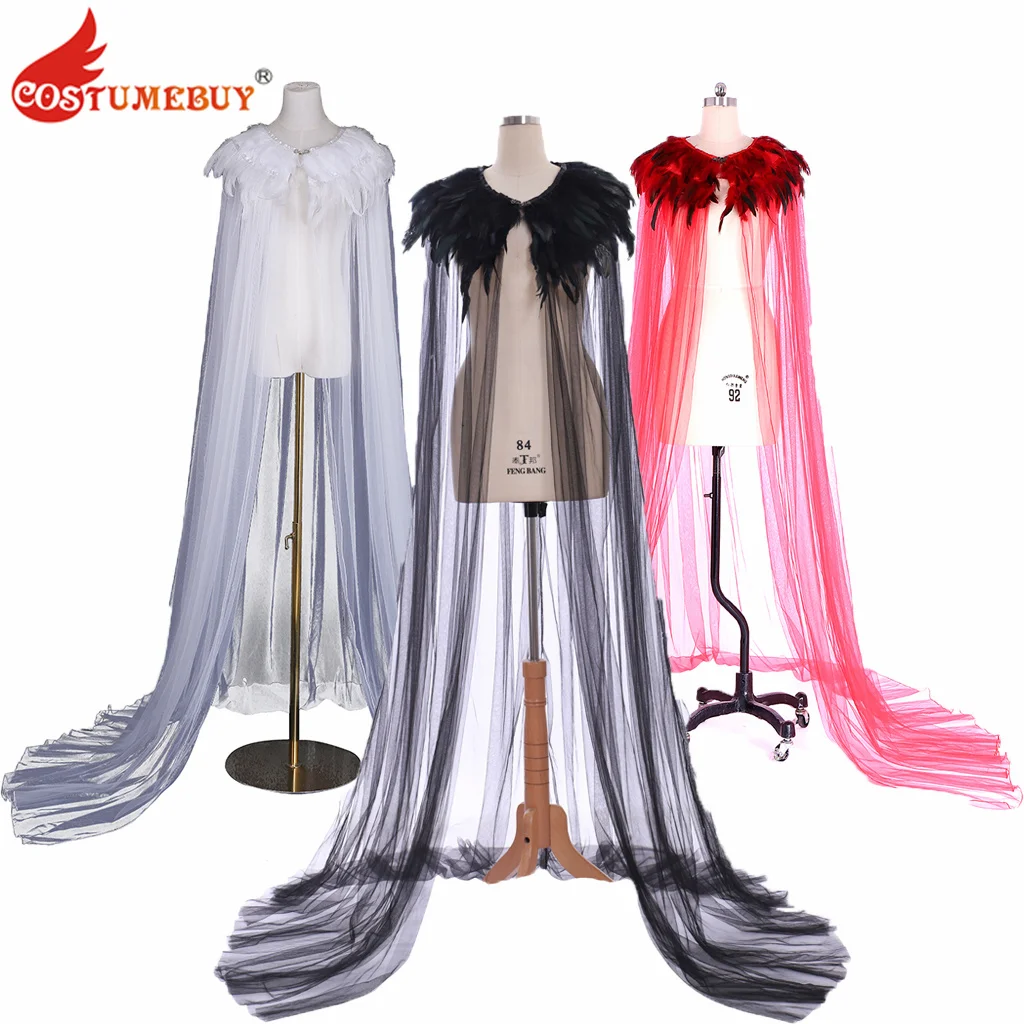 

CostumeBuy Gothic Halloween Cloak Super Villain Cape Women Renaissance Steampunk Feather Collar Witch Cape For Adult