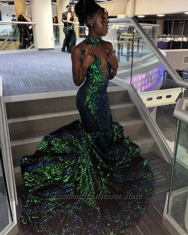 

Cara&Alan African Green Prom Dresses Sleeveless Sheer Neck Sequin Mermaid Party Gowns Graduations Party Wear